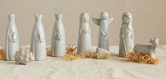 Stoneware Nativity Set, Reactive Glaze, White, Set of 9 (Each Will Vary)