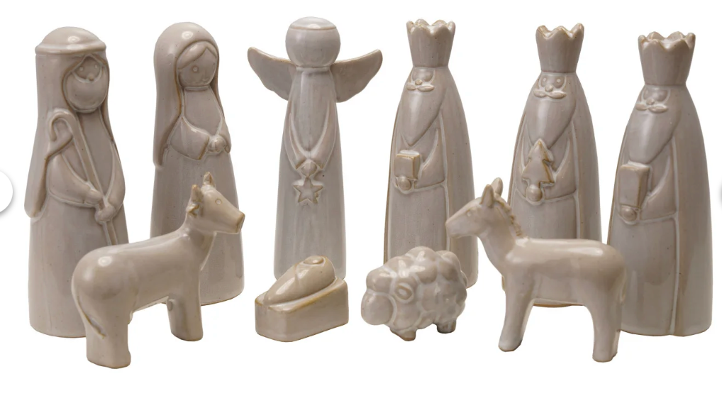 Stoneware Nativity Set, Reactive Glaze, White, Set of 9 (Each Will Vary)
