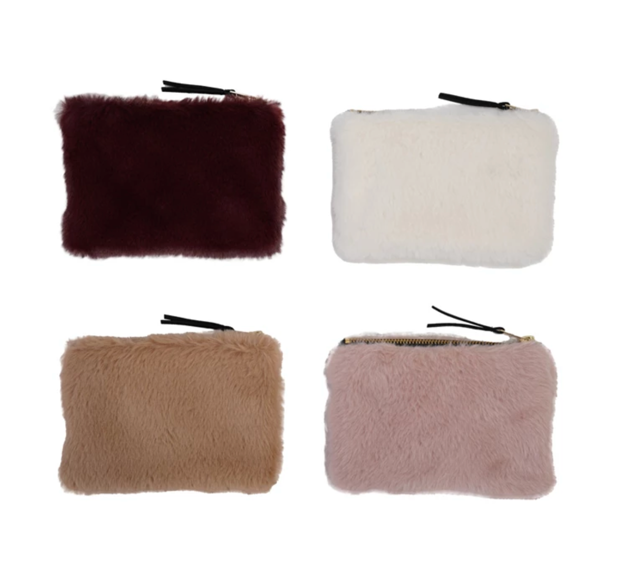 Faux Fur Fabric Zip Pouch w/interior lining , 4 Colors