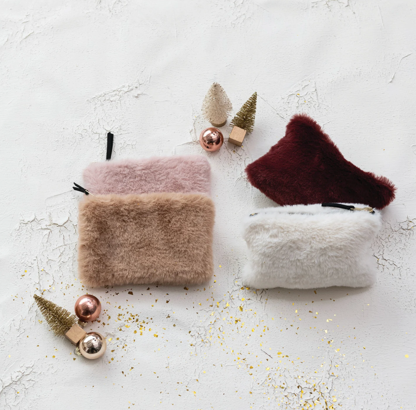 Faux Fur Fabric Zip Pouch w/interior lining , 4 Colors