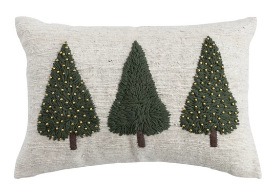 Hand-Woven & Wool Lumbar Pillow with Embroidered Trees & Beads