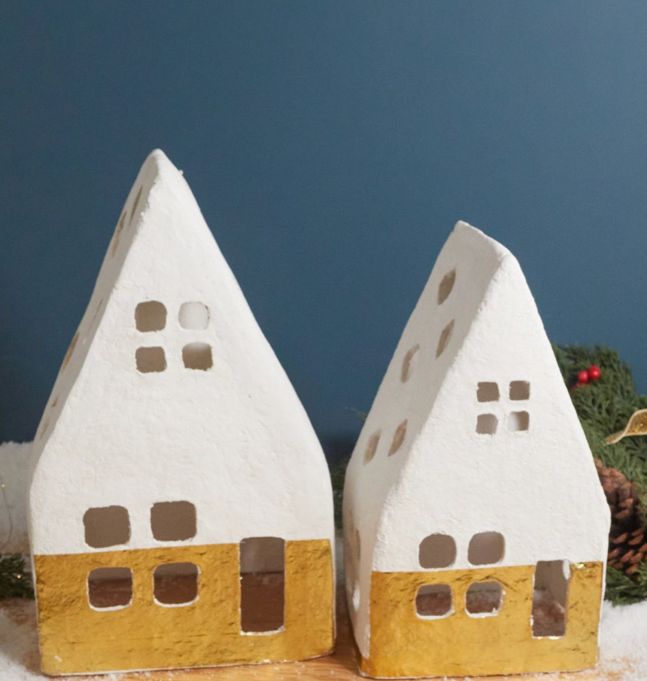 Handmade Paper Mache A-Frame Houses with Gold Foil, Set of 2