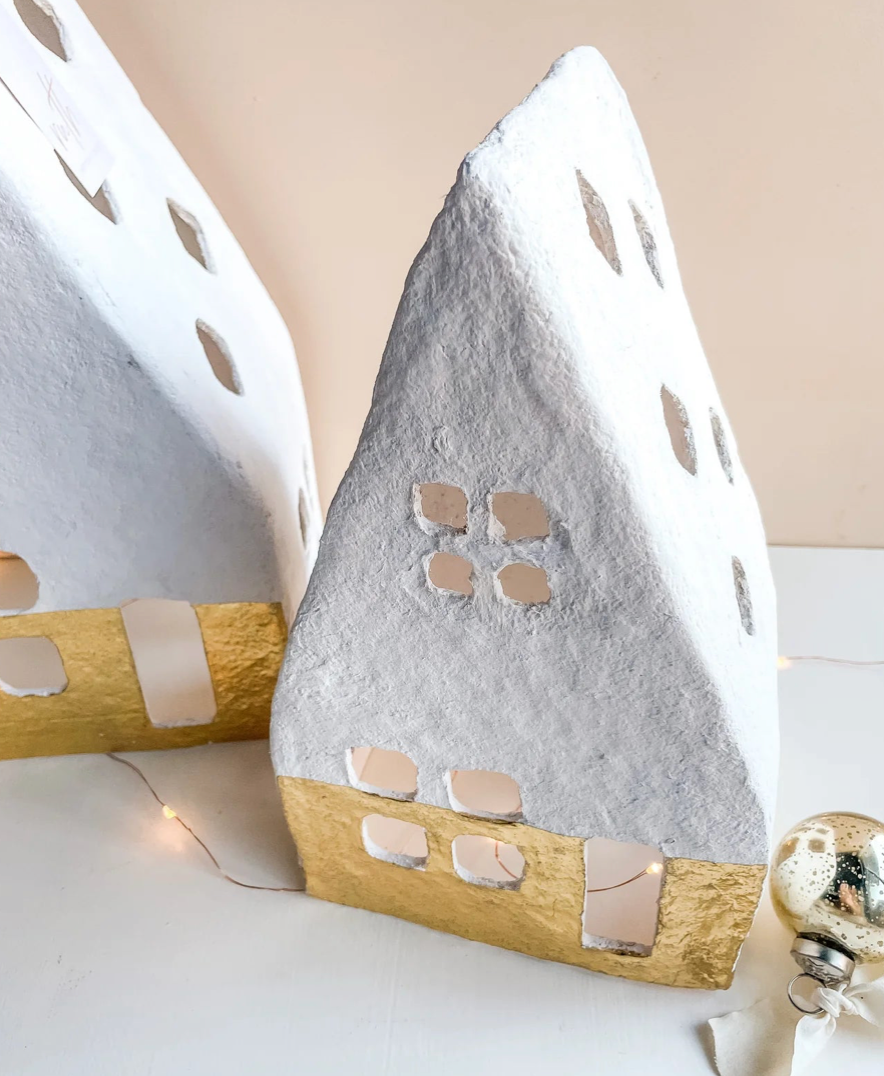 Handmade Paper Mache A-Frame Houses with Gold Foil, Set of 2