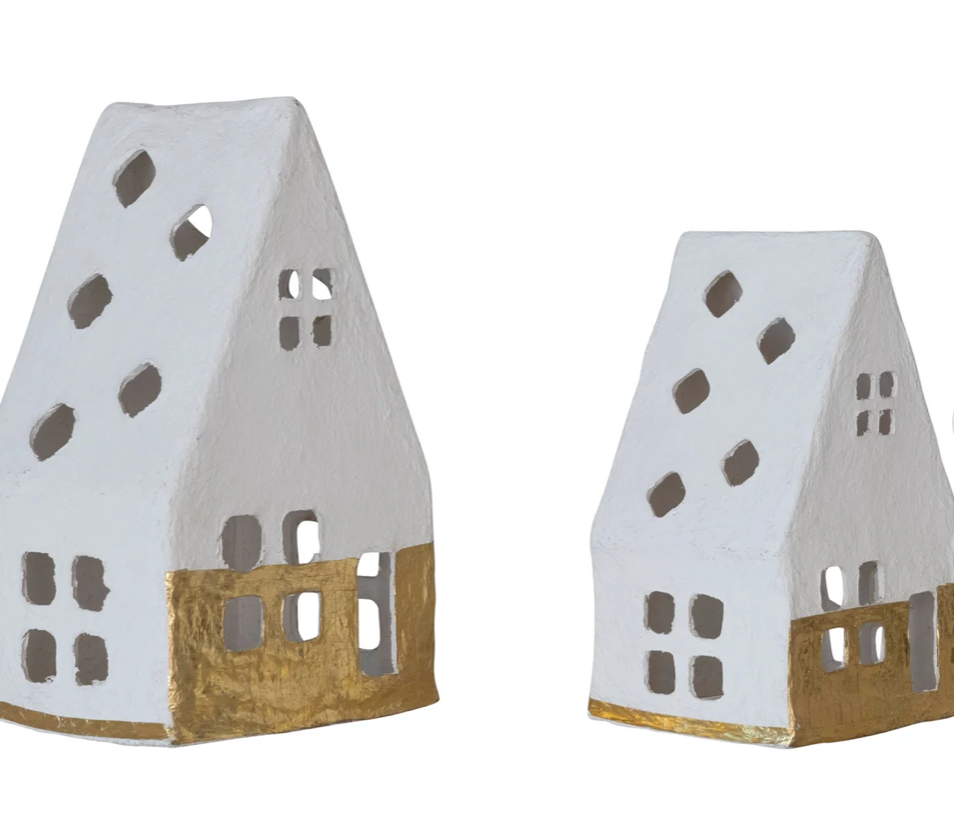 Handmade Paper Mache A-Frame Houses with Gold Foil, Set of 2