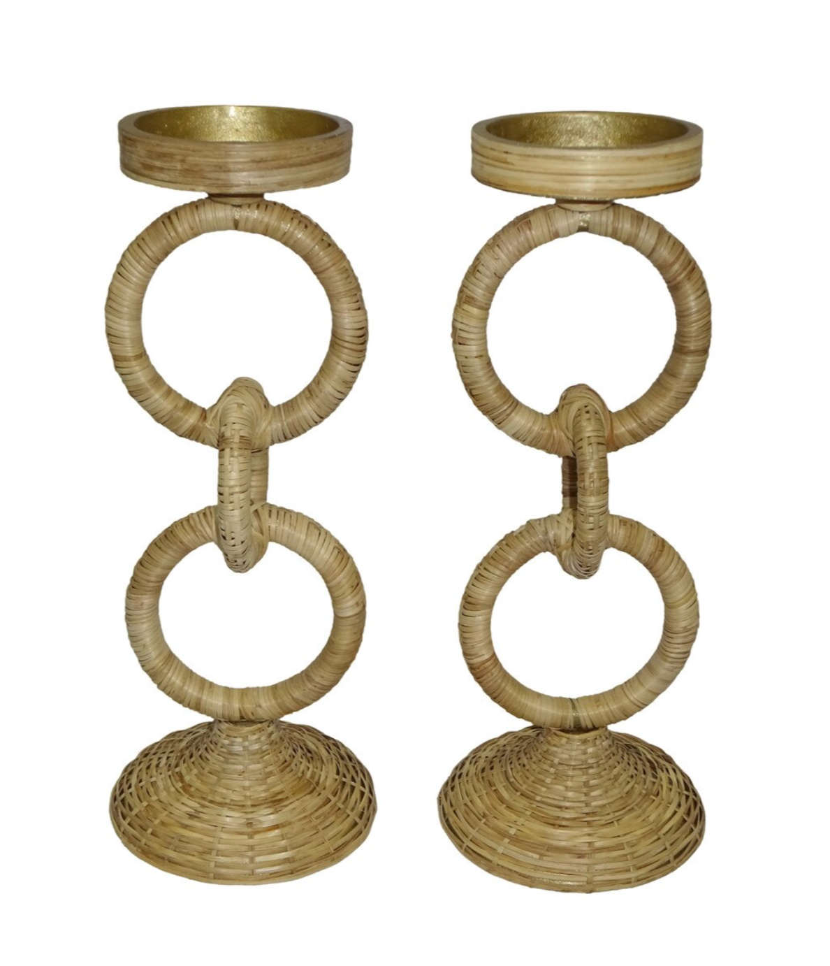 Rattan Wrapped Ring Pillar Candlestick, 2 Piece Set, Natural