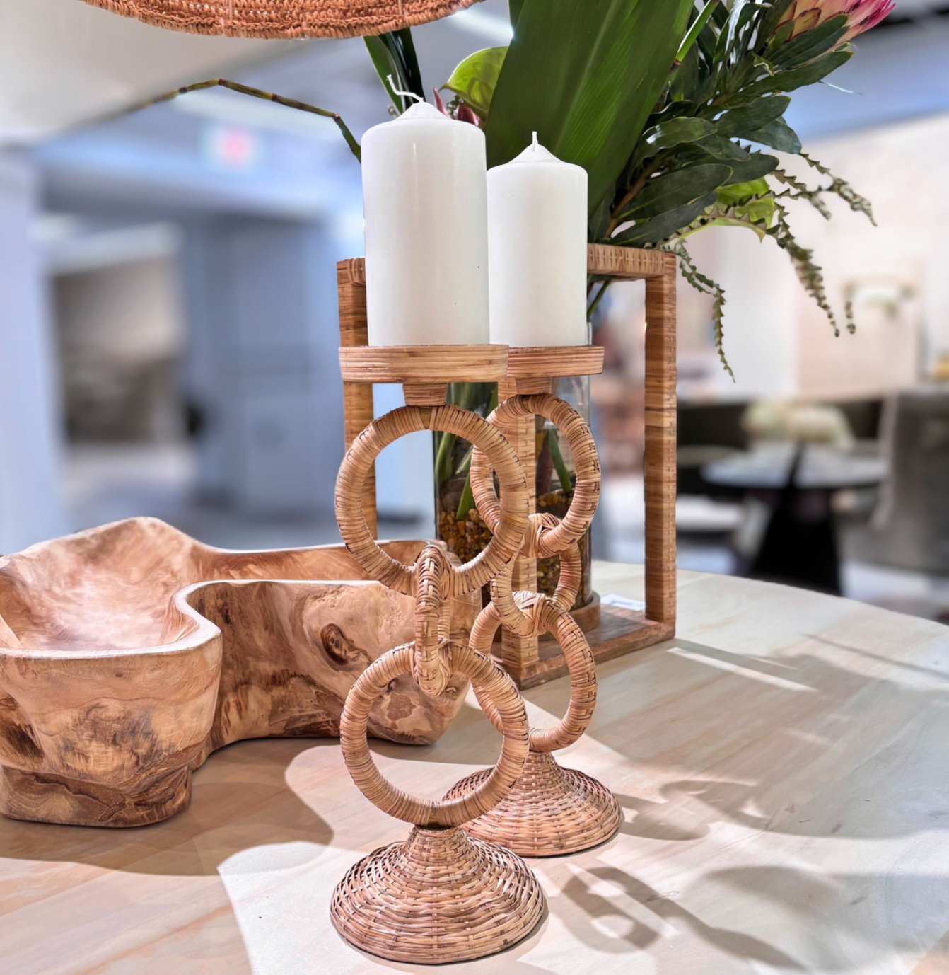Rattan Wrapped Ring Pillar Candlestick, 2 Piece Set, Natural