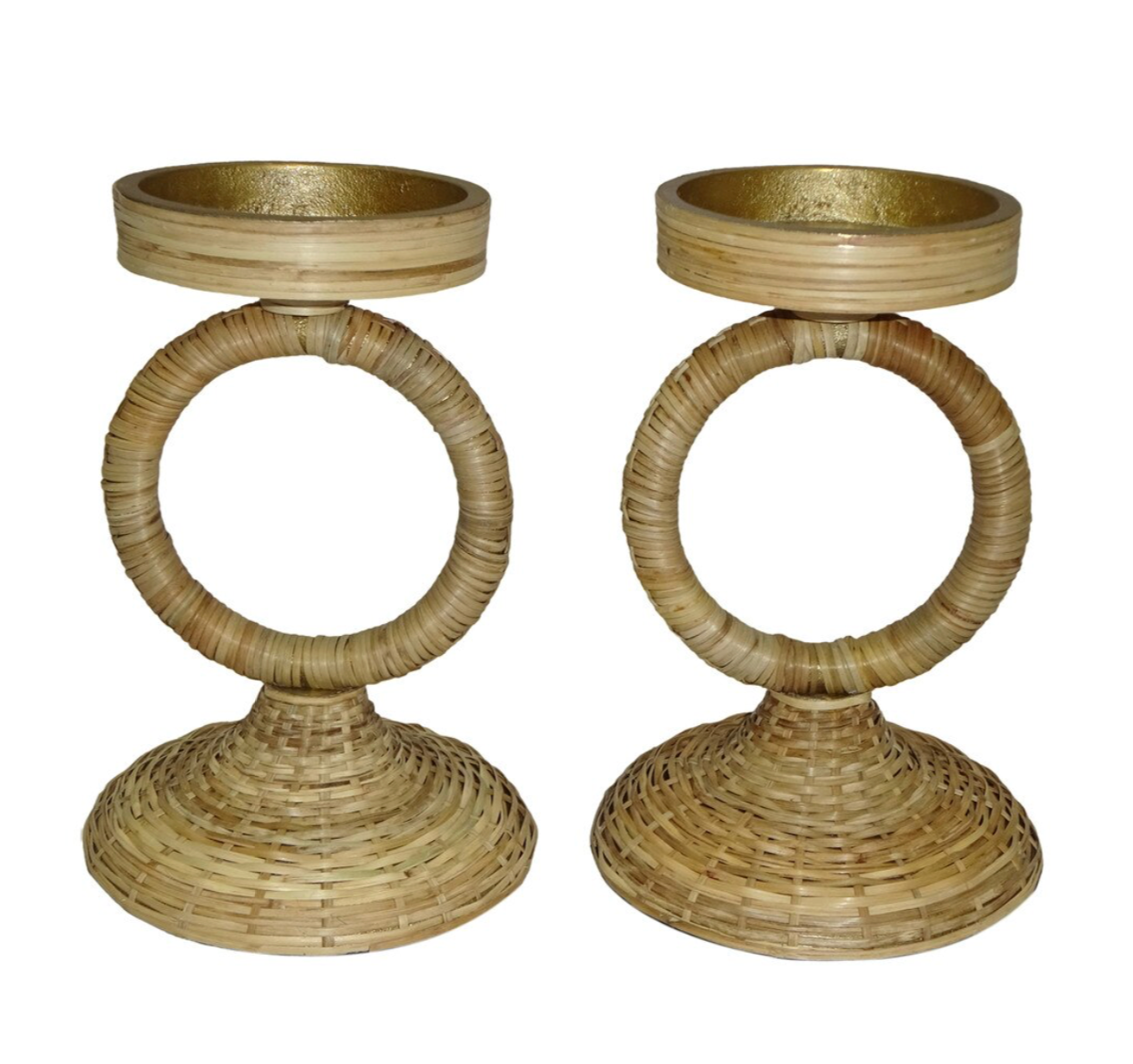 Rattan Wrapped Ring Pillar Candlestick, 2 Piece Set, Natural