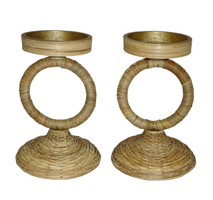 Rattan Wrapped Ring Pillar Candlestick, 2 Piece Set, Natural