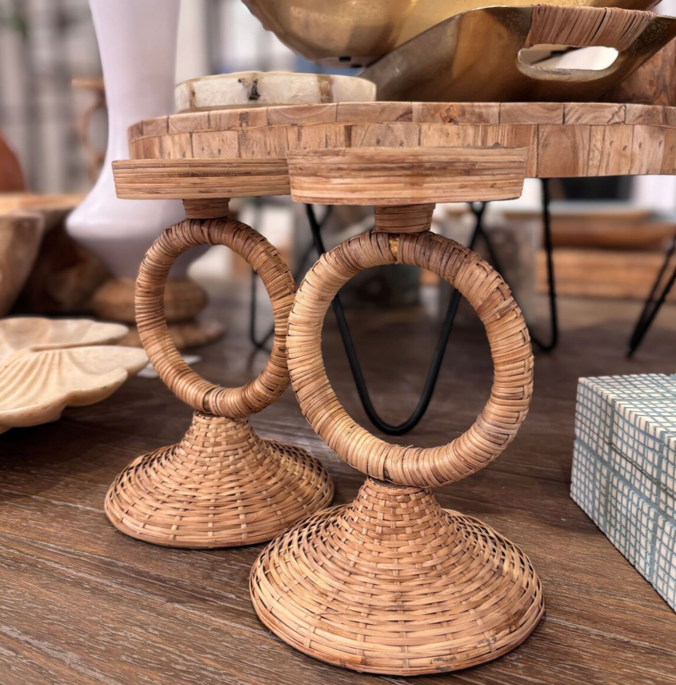 Rattan Wrapped Ring Pillar Candlestick, 2 Piece Set, Natural
