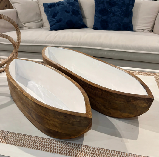 Enamel and Mangowood Boat Bowls, 2 Piece Set