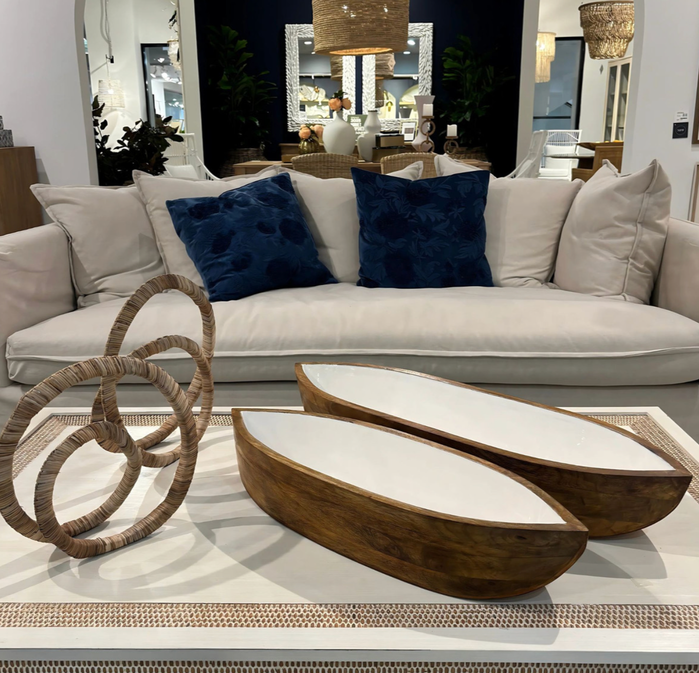 Enamel and Mangowood Boat Bowls, 2 Piece Set