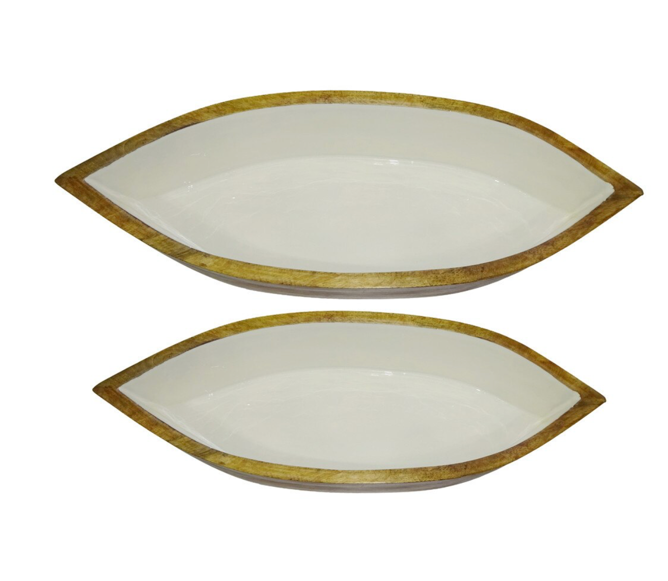 Enamel and Mangowood Boat Bowls, 2 Piece Set