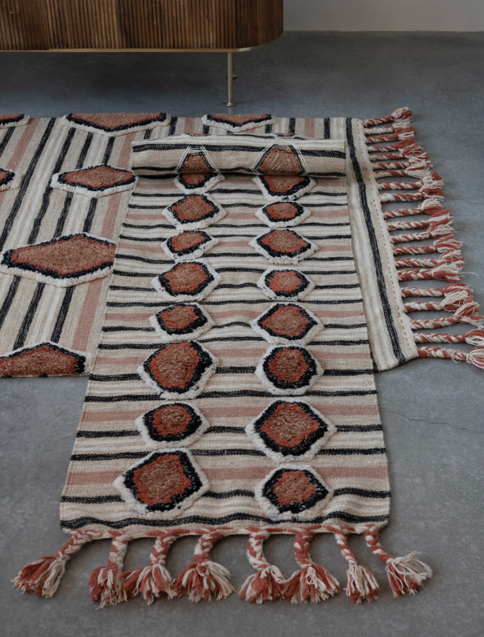 Cotton Tufted Kilim Floor Runner with Braided Tassels