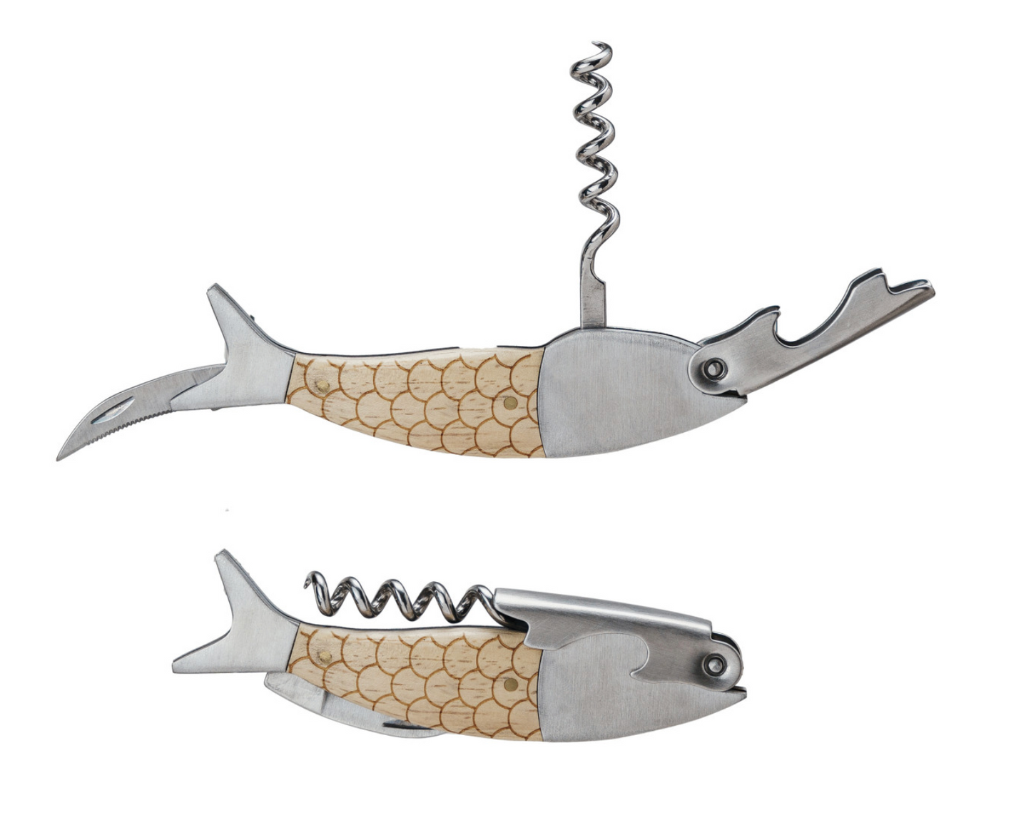 Oak Wood & Stainless Steel Fish Shaped Bottle Opener/Corkscrew