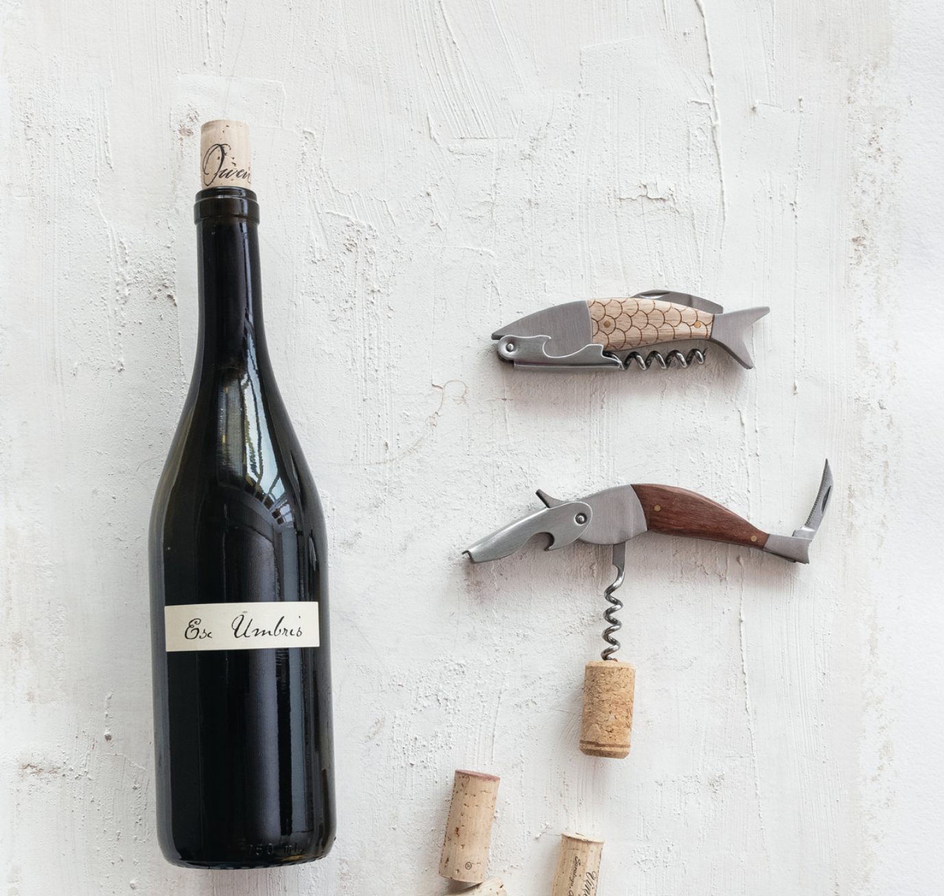 Oak Wood & Stainless Steel Fish Shaped Bottle Opener/Corkscrew