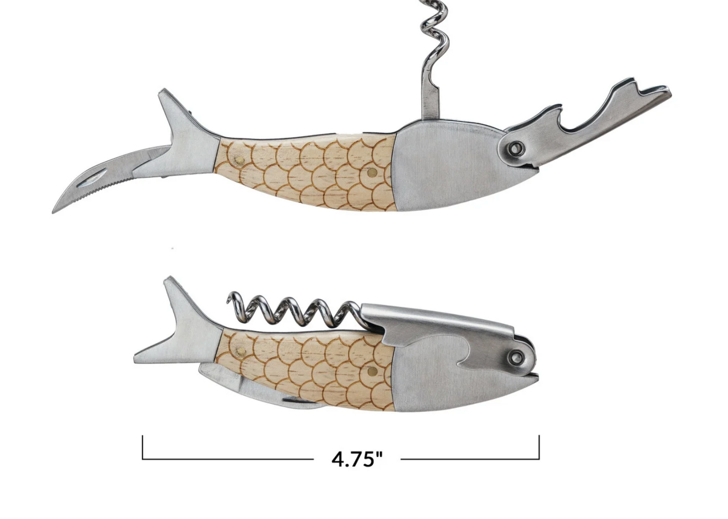 Oak Wood & Stainless Steel Fish Shaped Bottle Opener/Corkscrew