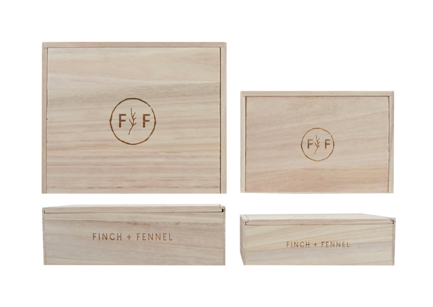 Paulownia Wood Boxes w/ Laser Etched "Finch + Fennel" Logo, Natural