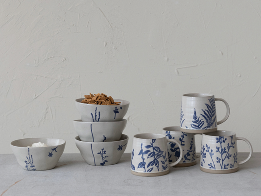 16 oz. Hand-Stamped Stoneware Mug w/ Botanicals, 4 Styles