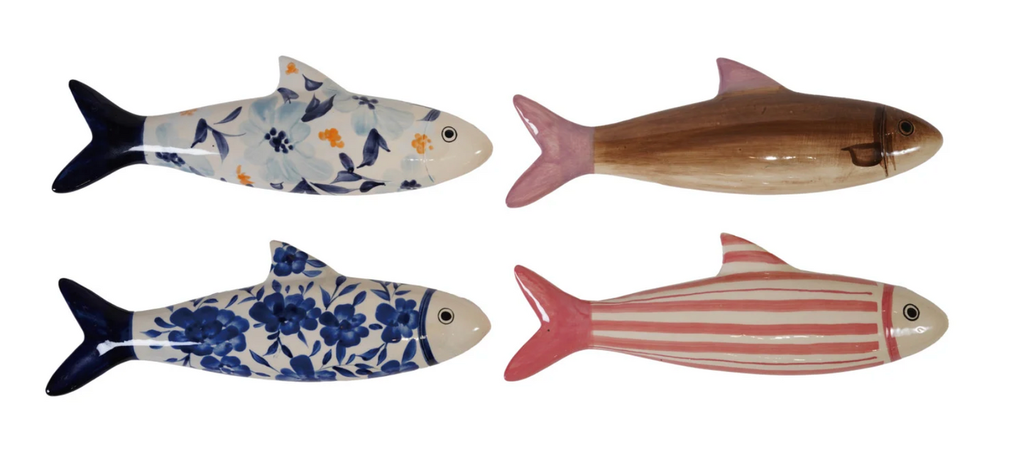 Hand-Painted Stoneware Fish Wall Décor, 4 Styles (Hangs or Sits) Large
