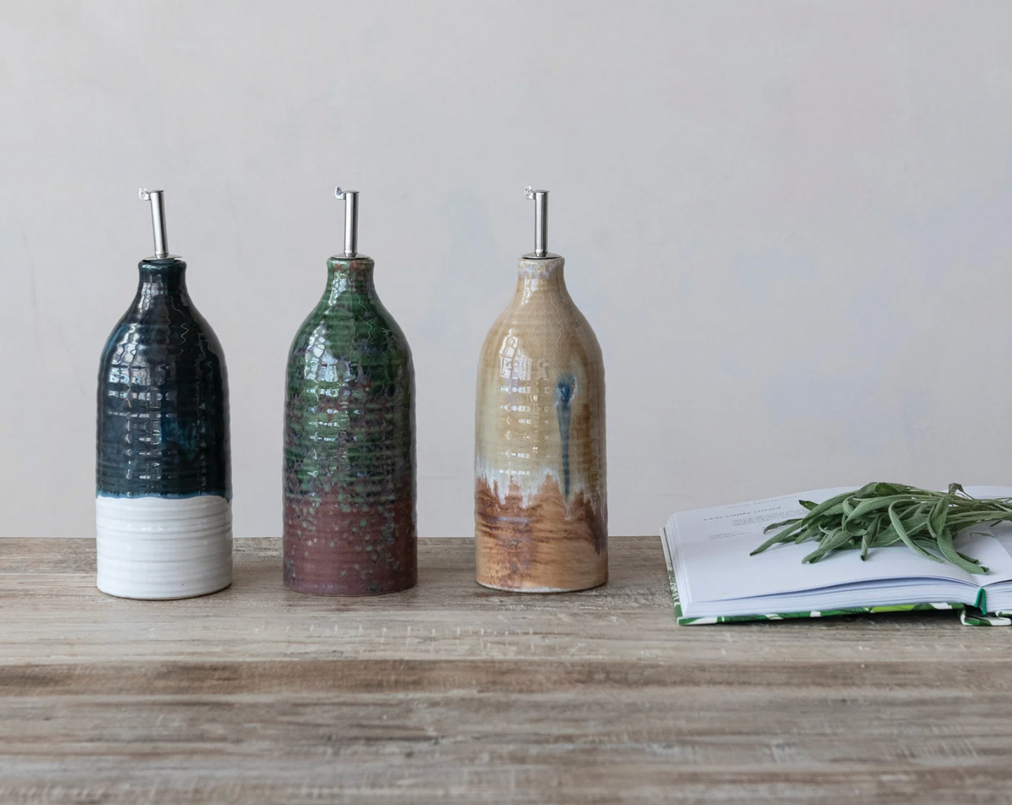 26 oz. Stoneware Oil Cruet with Stainless Steel Spout, 3 Colors (Each One Will Vary)
