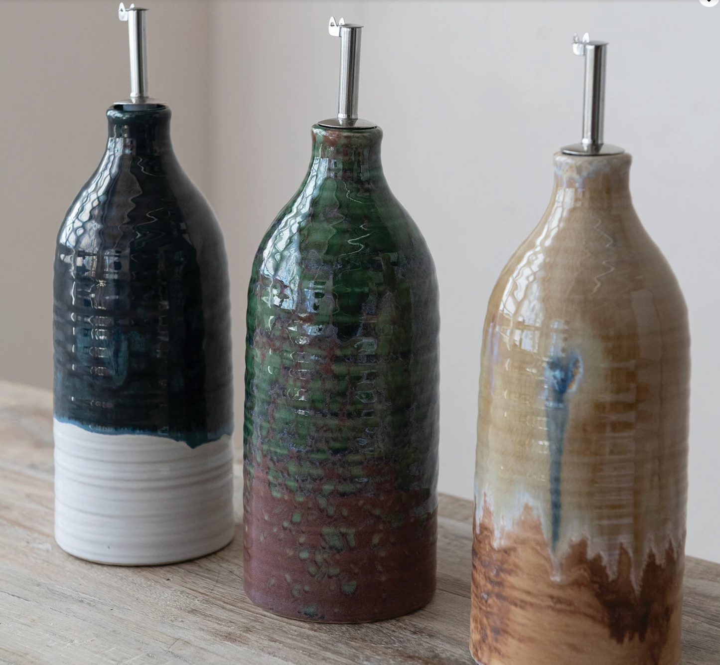 26 oz. Stoneware Oil Cruet with Stainless Steel Spout, 3 Colors (Each One Will Vary)