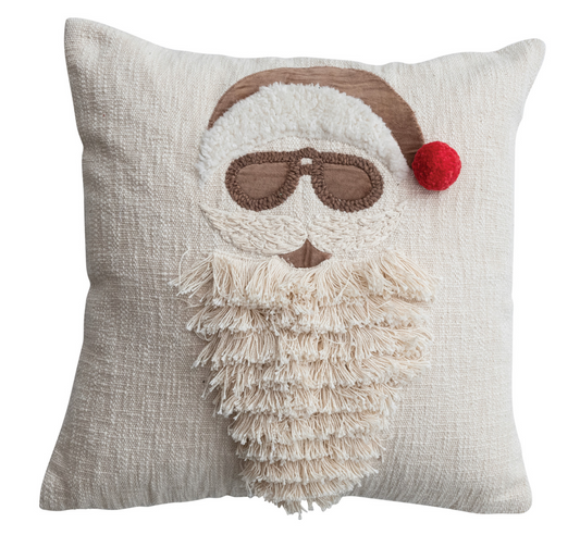 20" Square Pillow with Embroidered Image, Pom Pom & Fringe Beard