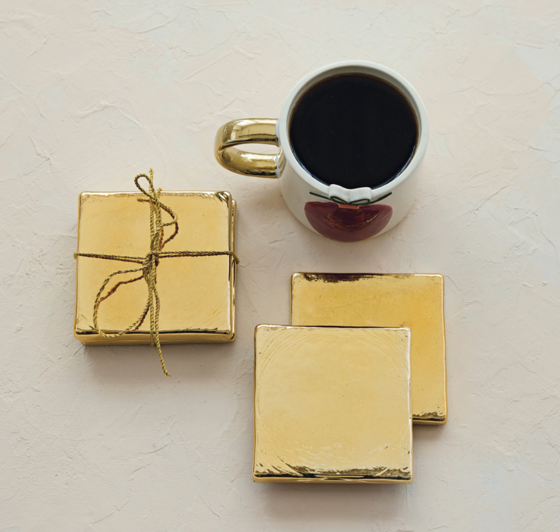 Glass Coasters, Gold Finish, Set of 4 Tied with Gold Cord