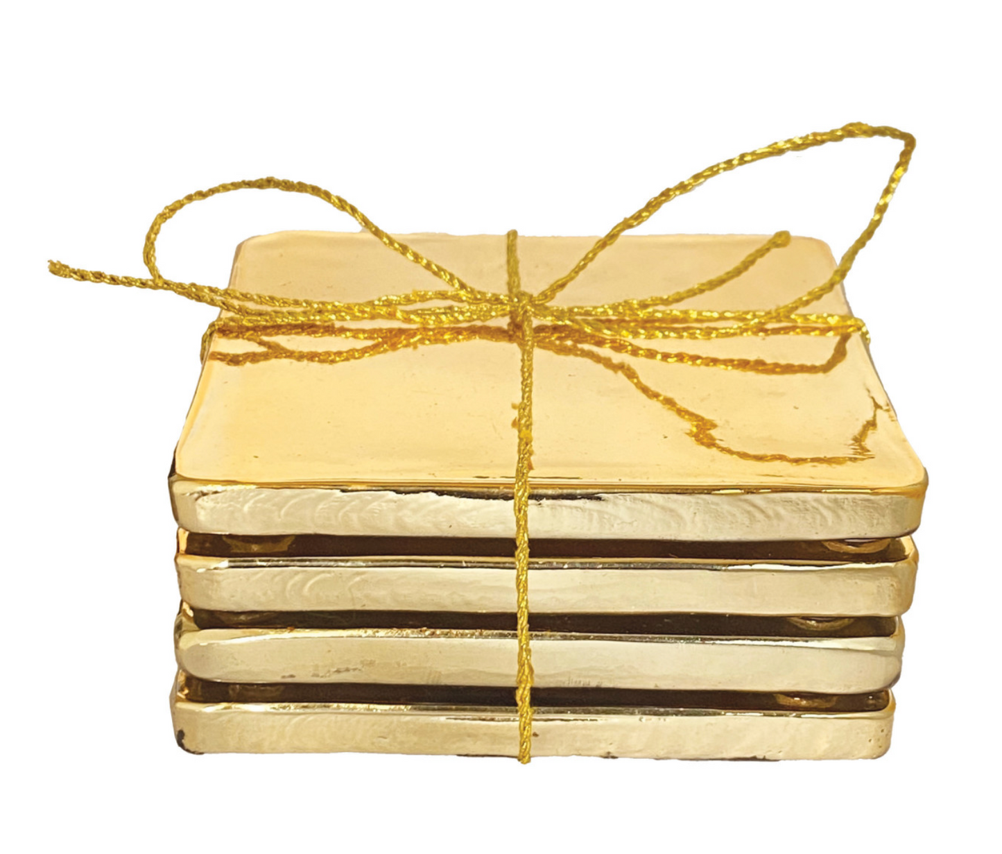 Glass Coasters, Gold Finish, Set of 4 Tied with Gold Cord