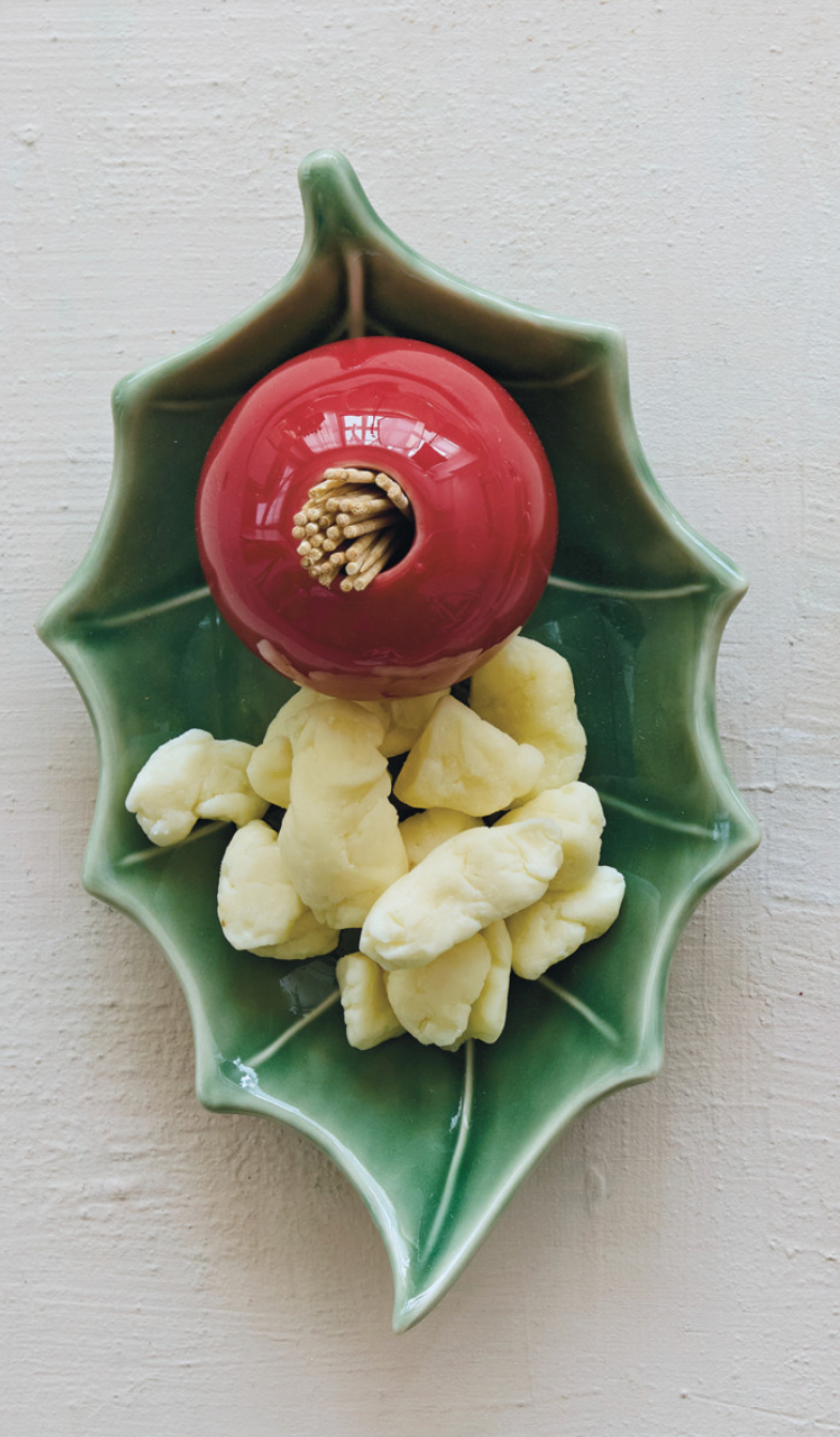Stoneware Holly Shaped Plate with Berry Shaped Toothpick Holder