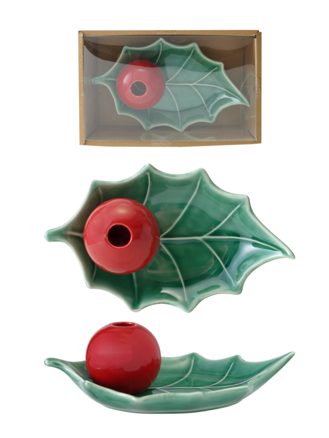 Stoneware Holly Shaped Plate with Berry Shaped Toothpick Holder