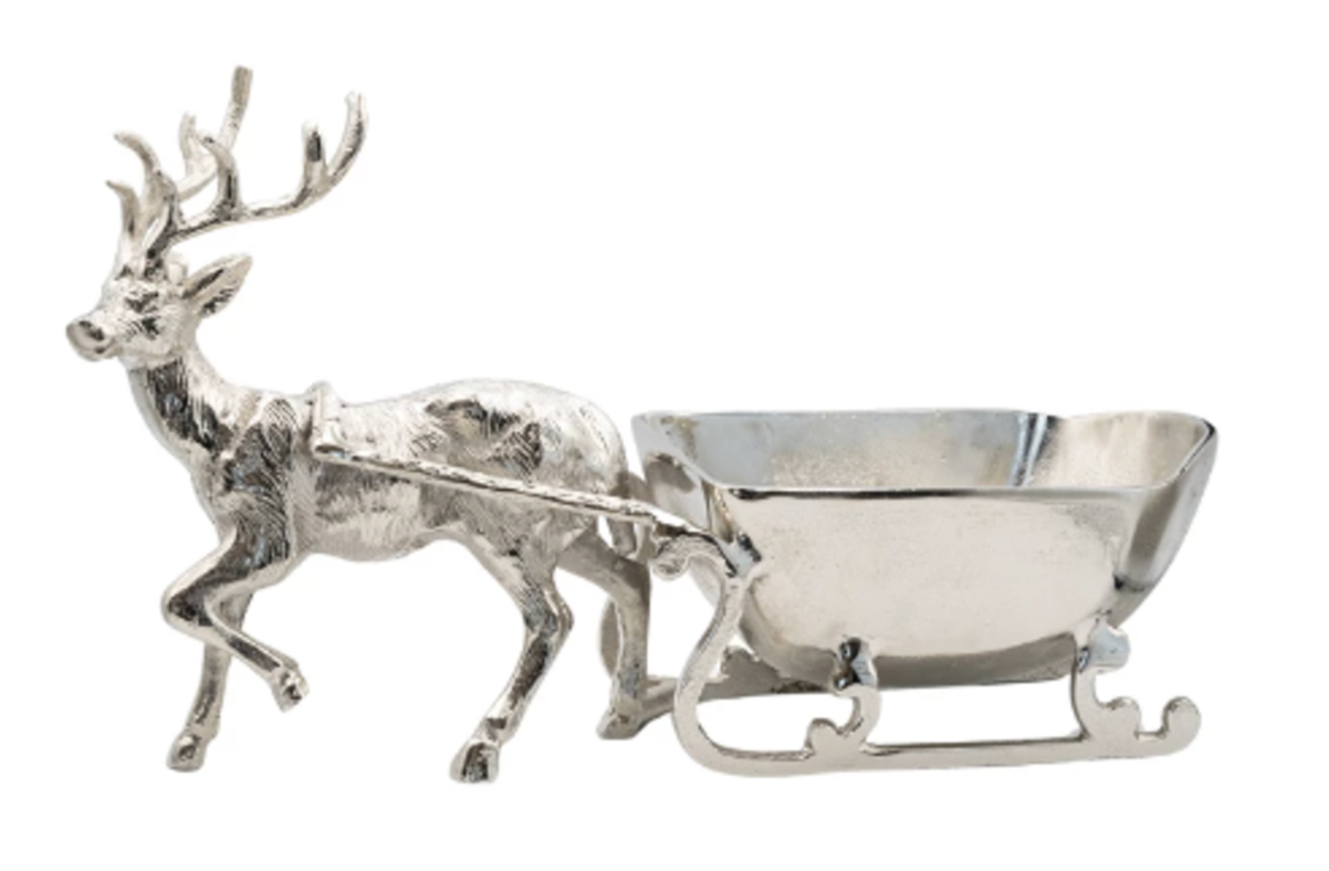 Cast Aluminum Reindeer with Sleigh Bowl, Nickel Finish