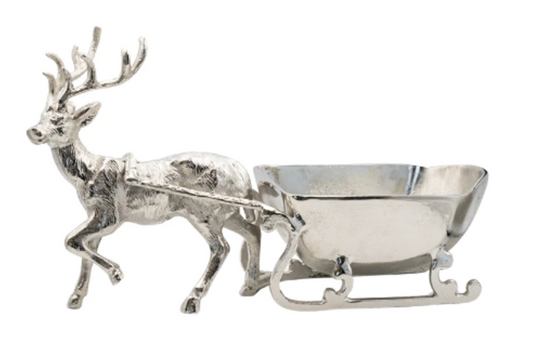 Cast Aluminum Reindeer with Sleigh Bowl, Nickel Finish
