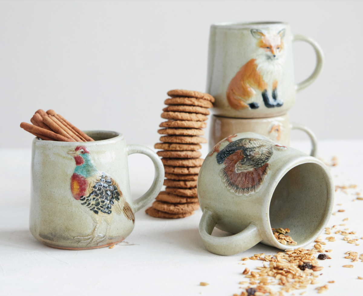 16 oz. Hand-Painted Embossed Stoneware Mug with Animal, 4 Styles (Each One Will Vary)