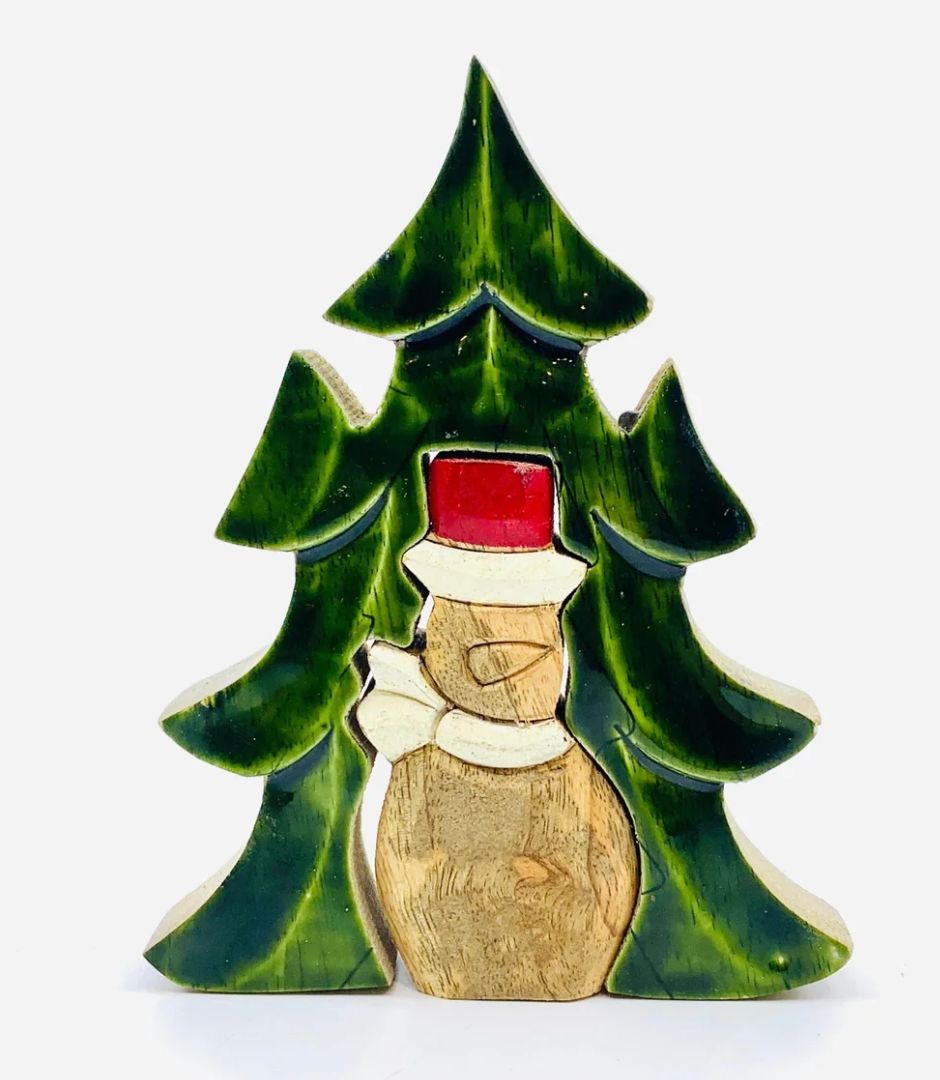 Enameled Wood Tree and Snowman
