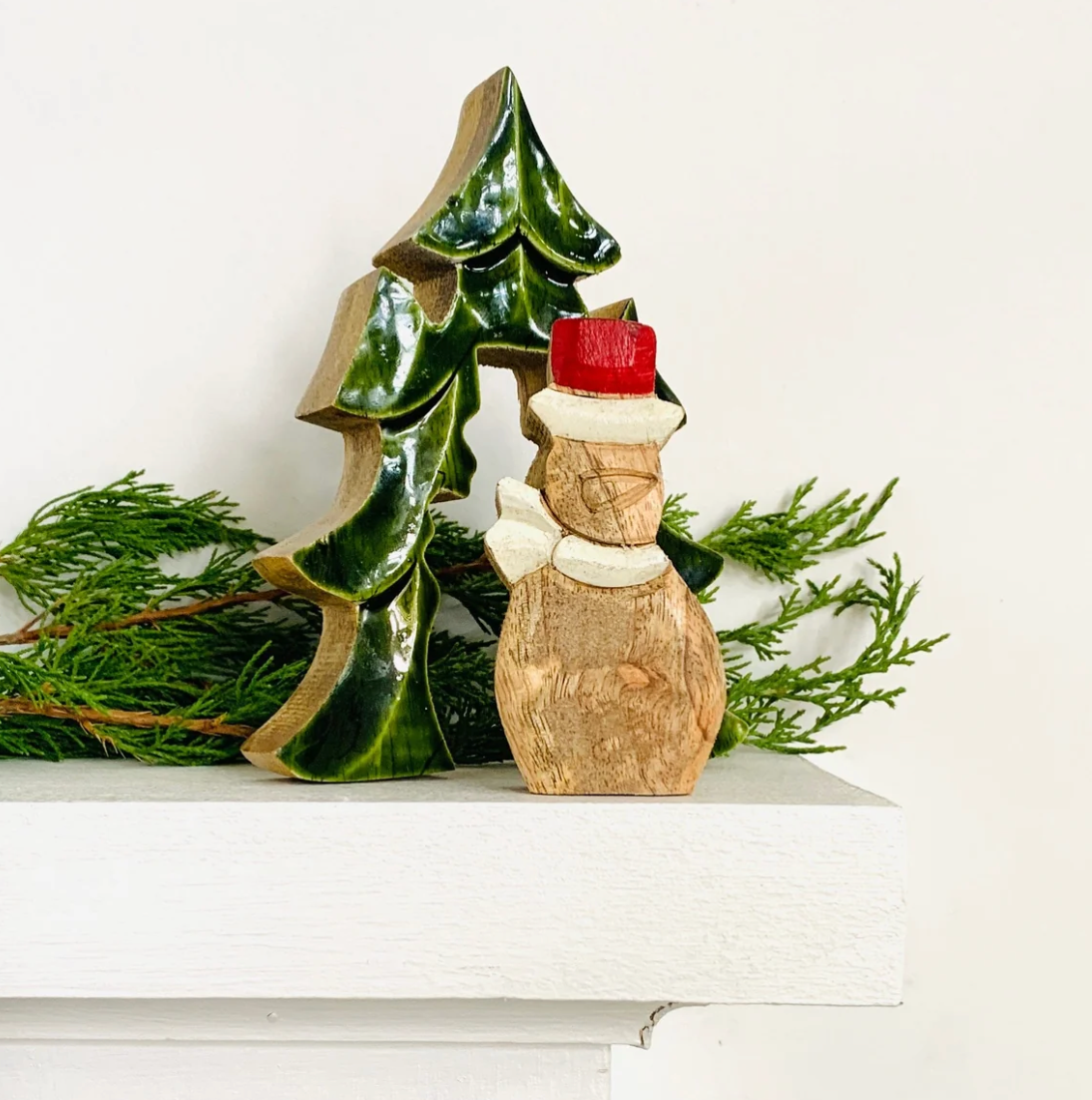 Enameled Wood Tree and Snowman