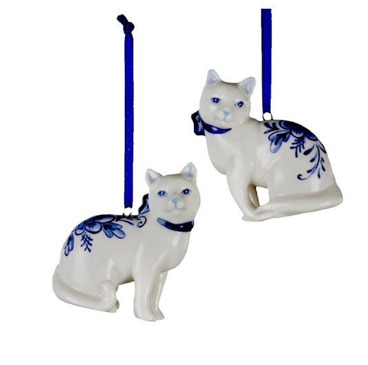 Delft Blue Cat Ornaments, 2 Assorted