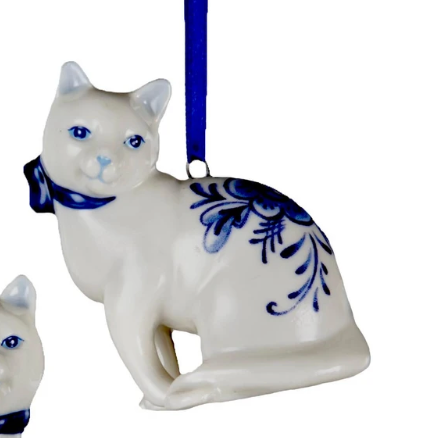 Delft Blue Cat Ornaments, 2 Assorted