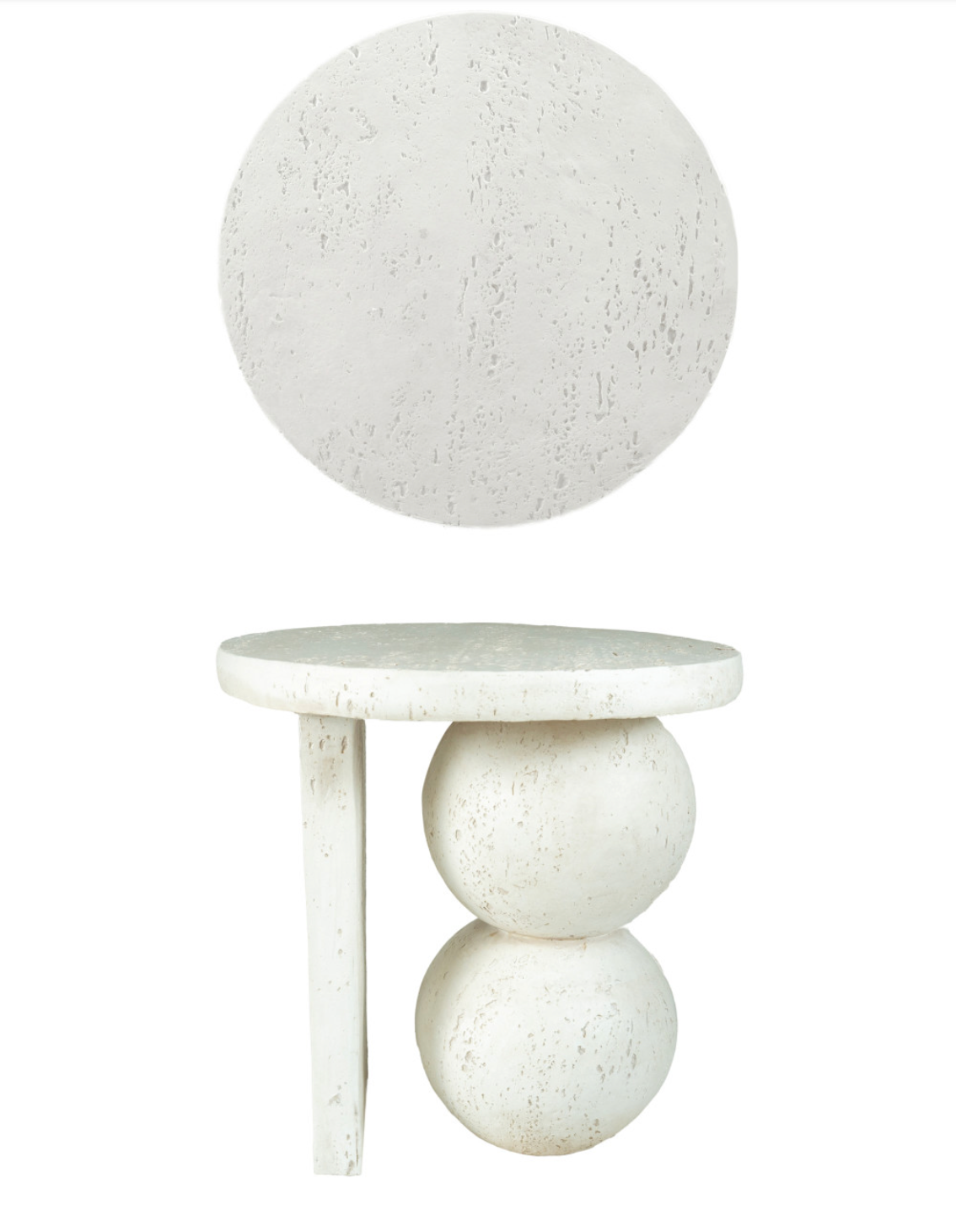 Resin Table with Stacked Ball Base, Travertine Finish, Cream Color