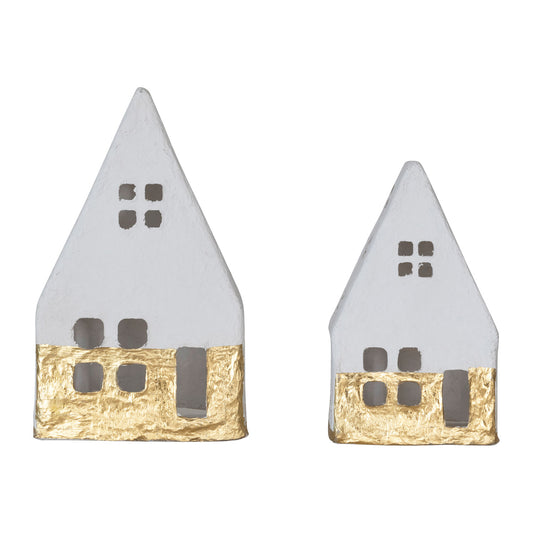 Handmade Paper Mache A-Frame Houses with Gold Foil, Set of 2