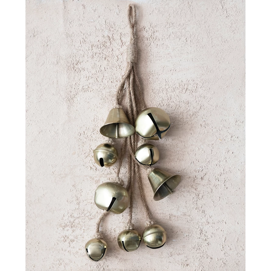 Metal Bell Cluster with Jute Rope, Antique Brass Finish