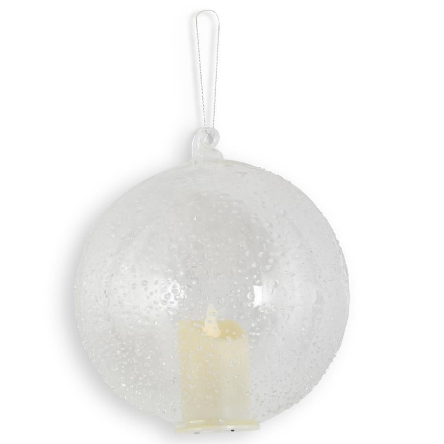 5.75" Textured Clear Glass LED Flicker Round Ornament w/Timer