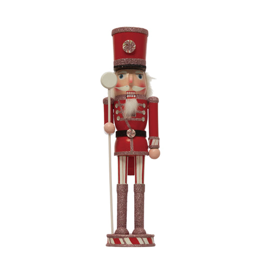 Decorative Paulownia Wood Nutcracker with Peppermint, Red and White