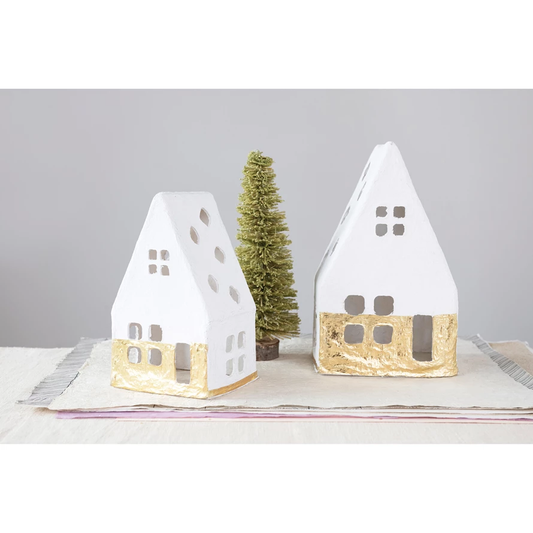 Handmade Paper Mache A-Frame Houses with Gold Foil, Set of 2