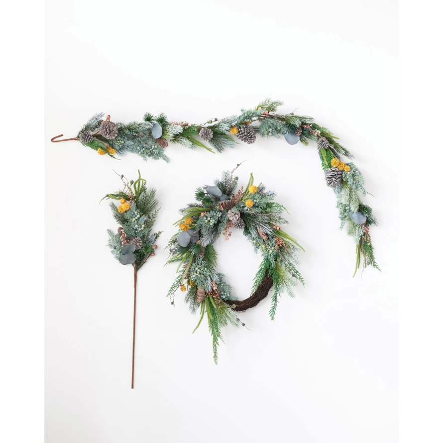 Faux Mixed Evergreen Branch with Pinecones, Small